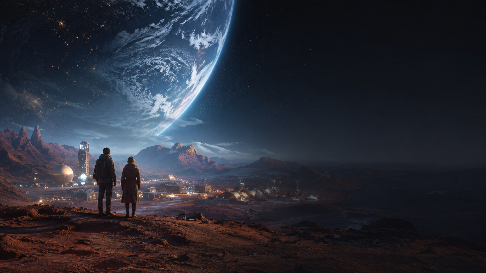Duas pessoas observando uma cena espacial cinematográfica, representando o festival de inovação